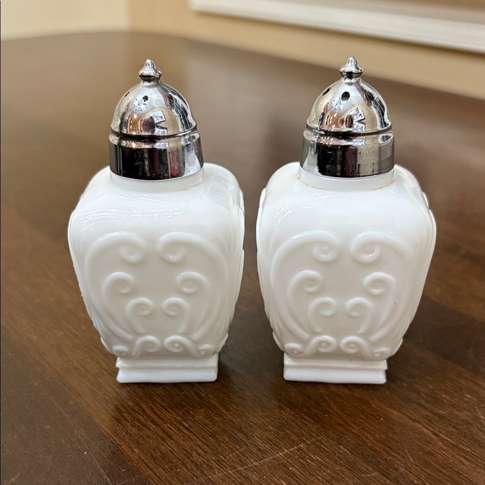 White Ceramic Salt and Pepper Shakers with Silver Tops
